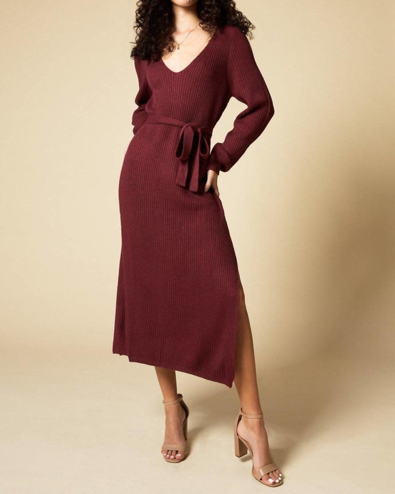 Front of a model wearing a size L (10-12) Bordo Belted Sweater Dress In Burgundy in Burgundy by Fore. | dia_product_style_image_id:346904